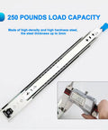 One Pair 28 Inch Heavy Duty Drawer Slides With Lock And 250 Lb Load Capacity Full Extension Side Mount Ball Bearing Drawer Rails Built Like A Tank Rock Solid measuring 2mm thickness.