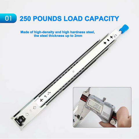 One Pair 28 Inch Heavy Duty Drawer Slides With Lock And 250 Lb Load Capacity Full Extension Side Mount Ball Bearing Drawer Rails Built Like A Tank Rock Solid measuring 2mm thickness.