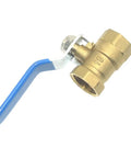 Rock Solid Brass Ball Valve With Blue Lever Handle Designed For Lightning Fast Quarter Turn Plumbing Flow Control And A Tough As Nails Corrosion Resistant Female Thread Setup, showing side angle.