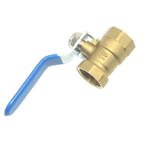 Rock Solid Brass Ball Valve With Blue Lever Handle Designed For Lightning Fast Quarter Turn Plumbing Flow Control And A Tough As Nails Corrosion Resistant Female Thread Setup, showing side angle.
