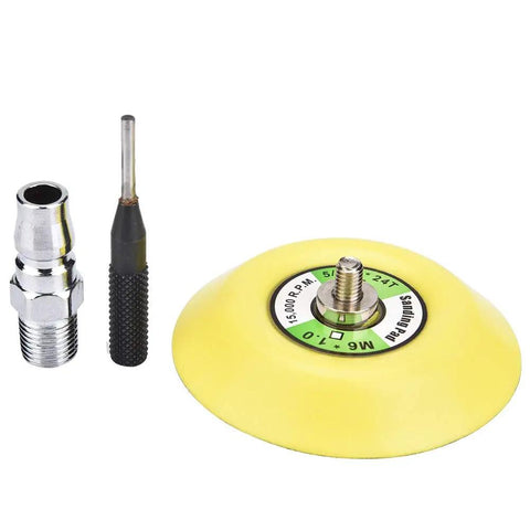 Badass 2 Inch Pneumatic Angle Grinder Offering Lightning Fast Grinding And Flawless Swirl Free Polishing At A Steady 1800 RPM For Demanding Auto Shop And Industrial Metal Projects components including a yellow backing pad and attachments.