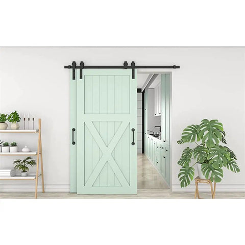 Heavy Duty Bypass Barn Door Slides Hardware Kit For Double Doors Featuring Rock Solid Steel J Track With Smooth As Butter Glide Rollers In Classic Black Finish with mint green barn door.