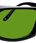 Top Tier Laser Safety Glasses Featuring Tough Polycarbonate Lenses Delivering Serious OD 8 Filter Against Harsh UV And IR Light. Black frame with green lenses.