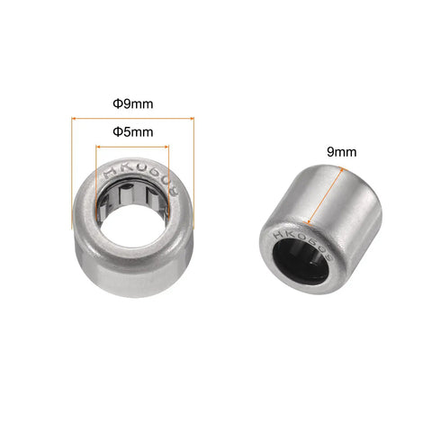Five Piece HK0509 Needle Roller Bearing Kit 5 By 9 By 9 Mm One Way Clutch Design heat resistant steel bearing measuring ID 5mm, OD 9mm, thickness 9mm.