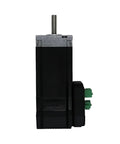 NEMA 23 integrated stepper servo motor with driver, side view; black body with green terminal blocks visible.