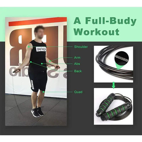 Grab This Dope All-Inclusive Home Gym Bundle With Ab Wheel Rollers Resistance Bands Heavy Duty Jump Rope And Anti Slip Foam Handle Push Up Bars For Killer Core Workouts And Total Body Muscle Sculpting Gym Grade Equipment That Saves You Cash - Person jumping rope showcasing muscle engagement.