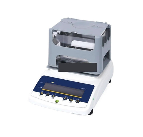 Professional Digital Density Meter For Straight Up Gold Purity Testing And Platinum Jewelry Analysis Rock Solid Lab Grade Assay Checker Tool To Verify Real Deal White Gold Authenticity Fast with display and gray housing.