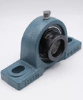 Top Shelf 1 1/4 Inch Pillow Block Ball Bearing Housing With Rock Solid Locking Collar angled view, blue cast iron, designed for heavy machinery.