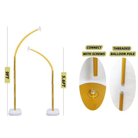 Balloon arch stand kit in gold, two bendable arches (9 ft and 5.6 ft) with heavy white bases and water-fill bag.