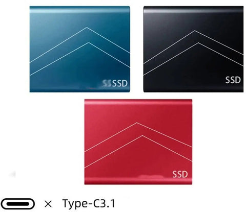 Blue, black, and red External SSD USB 3.1 Type C High Speed Drive With 540 MB Per Second Read And 500 MB Per Second Write