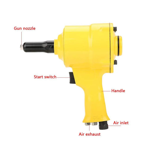 Professional Grade Pneumatic Rivet Gun With Knockout Grip Design And Killer Pull Power Air Powered Riveting Tool showing nozzle, switch, and handle.