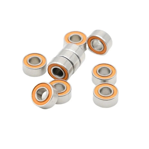 Heavy Duty Tough As Nails Ten Pack Hybrid Ceramic Stainless Steel 686RS ABEC 7 Ball Bearings 6X13X5MM Upgrade Kit in silver and orange.