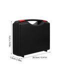 Go Anywhere Plastic Tool Box Organizer With Tight Seal Lid And Balanced Handle, compact black storage box with dimensions.