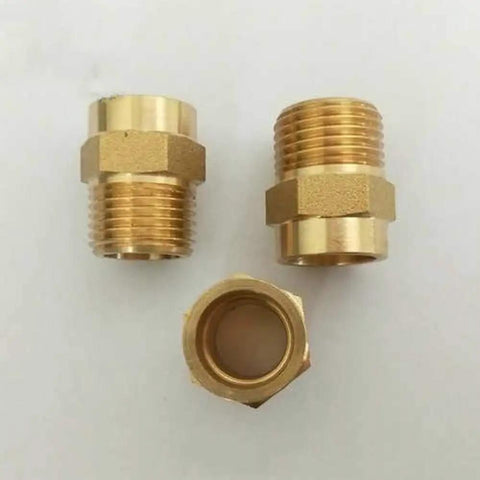 Brass End Feed Solder Cup Connector BSP Male To Solder Cup Fitting For Air Conditioning And Garden Hose, Multi Size Set In Three Eighths Inch, One Half Inch, Three Quarters Inch, And One To Four Inch, Heavy Duty Weatherproof Plumbing Part. Brass BSP male fittings shown in three views