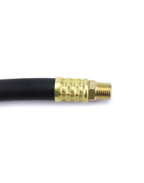 Close-up of Heavy Duty Rubber Air Compressor Hose 3 8 Inch Core With Solid Brass Fittings, showing brass fitting details.