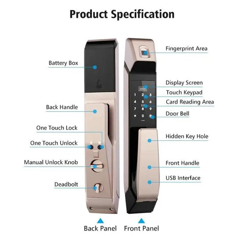 Super Secure Keyless Smart Door Lock With Touchscreen Fingerprint Entry And Electronic Password Backup Mechanical Key front and back panel specifications.