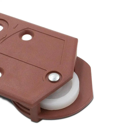 Pro Grade Dead Silent Sliding Door Roller Wheel Kit two-pack close-up of brown ABS roller with white nylon wheel for closet use.