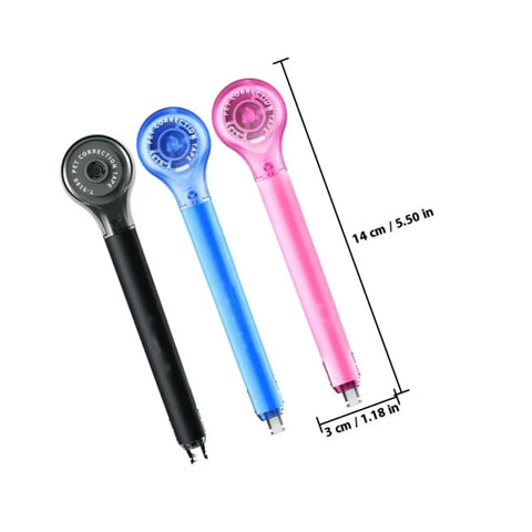 Smooth As Butter Pen Style Correction Tape Rollers in black, blue, and pink for fast edits, 14 cm long and 3 cm wide.