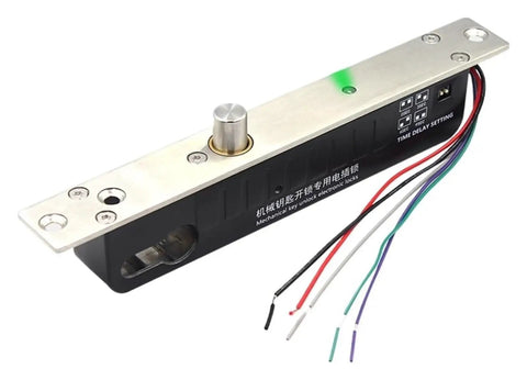 Heavy Duty 12V And 24V Electric Drop Bolt Lock With Manual Key Override for straightforward door access control setup, showing lock and wiring.