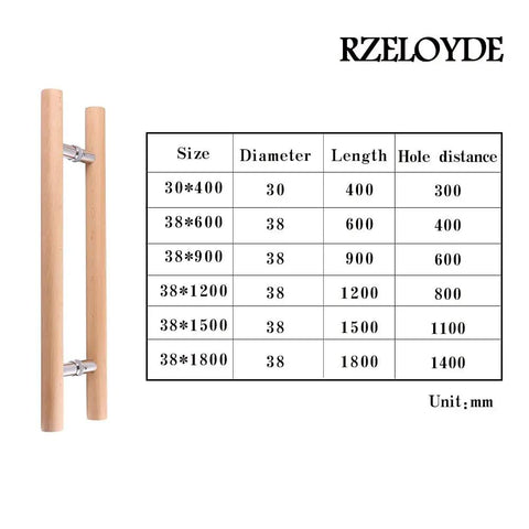 Heavy Duty Beech Wood Door Pull With Solid 304 Stainless Connector, side view showcasing size chart and dimensions.