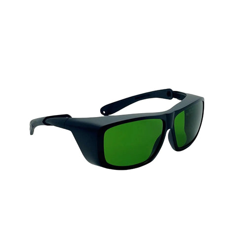 Top Shelf Dental Laser Safety Glasses Featuring Low Green Tint And Heavy Duty High Od Shielding Ultra Lightweight Protective Gear side view.