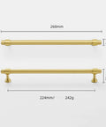Top Shelf Gold Plated Brass Cabinet Pulls featuring sleek double hole mounting, 260mm and 224mm sizes for drawers and cupboards.