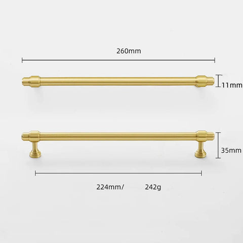 Top Shelf Gold Plated Brass Cabinet Pulls featuring sleek double hole mounting, 260mm and 224mm sizes for drawers and cupboards.