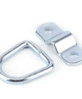 Eight Piece Rock Solid Tie Down D Ring Load Anchors with Heavy Duty Forged Iron Lashing Rings and Simple Mounting Brackets for Truck Trailer Boat Cargo Securing 1000 Kg Capacity No Sweat Setup, close-up of a D-ring and mounting bracket.