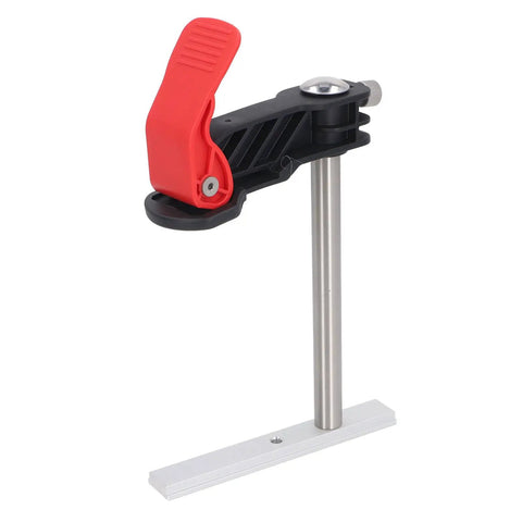 Two Pack Heavy Duty Stainless Steel Hold Down Clamps Featuring Slick Quick Release For Tough As Nails Woodworking Grip Zero Slip Safety And Smooth Operation On Any Workbench Table, showing a single clamp with red lever.