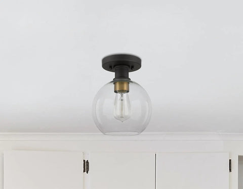 Modern Farmhouse 1 Light Flush Mount Ceiling Light With Clear Glass Globe In Black And Gold Finish for kitchens and halls