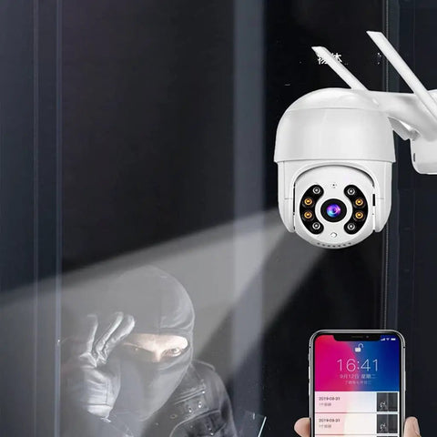 Watch Your Back 270 Degree PTZ Security Camera 1080P HD Outdoor AI Human Detection Siren Alarm on a wall capturing a nearby intruder.