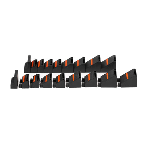 Side view of Basics Wrench Organizer Kit With 16 Rubber Holders for tool drawer, black with orange accents, modular system.