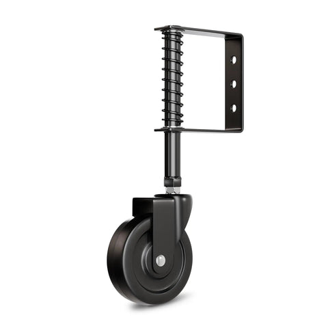 4 Inch Spring Loaded Gate Wheel With Built Like A Tank Shock Absorption, Heavy Duty Fence Caster For Wooden Gates, 200 Lb Capacity Outdoor Glide Roller, Black No Sweat Smooth Ride, detail of the spring and wheel