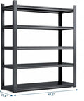 Heavy Duty 72 Inch 5 Tier Metal Storage Shelves Built Like A Tank Adjustable Garage Shelving Setup For Heavy Lifting And Big Gear Industrial Utility Rack Black Gray side view with dimensions