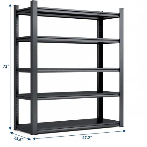 Heavy Duty 72 Inch 5 Tier Metal Storage Shelves Built Like A Tank Adjustable Garage Shelving Setup For Heavy Lifting And Big Gear Industrial Utility Rack Black Gray side view with dimensions