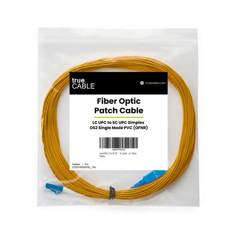 Rock Solid Plug And Play LC To SC OS2 Singlemode Fiber Patch Cable 7 Meters Yellow Simplex 9 By 125 Um Riser Rated OFNR in package.