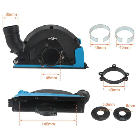 Rugged Universal Angle Grinder Dust Collection Shroud For 4 To 5 Inch Grinders featuring quick swap buckle and 360-degree swivel hose adapter.