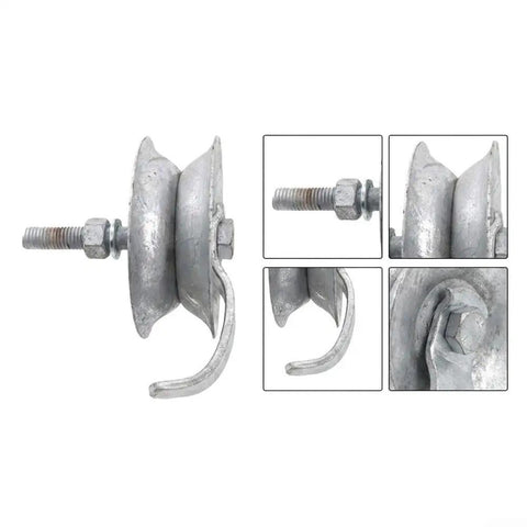 Heavy Duty Galvanized Gate Track Roller Rolls Like A Dream Fits 1 5/8 Inch Pipe showing close-up of rustproof steel wheel and bolt.