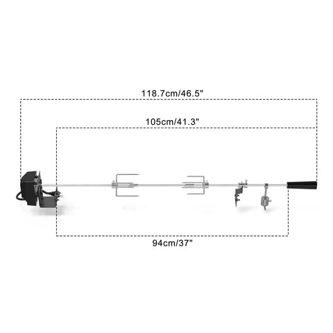 Universal Rotisserie Kit For Most 2 To 4 Burner Gas Grills With 32 To 42 Inches Five Sixteenth Inch Square Spit Rods Includes Three Rotisserie Spits And Counterbalance Designed For Easy Setup And Durable Stainless Components For Lasting Grilling; side view showing measurements.