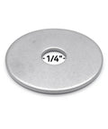 Front view of a silver 304 stainless steel fender washer, 1-1/4 in outer diameter with 1/4 in hole.