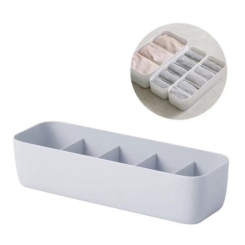 Stackable Plastic Underwear Storage Containers With Divided Compartments To Straighten Up Your Wardrobe Kick Clutter To The Curb Keeping Socks Bras Neck Ties Squeaky Fresh, grey organizer for small items.