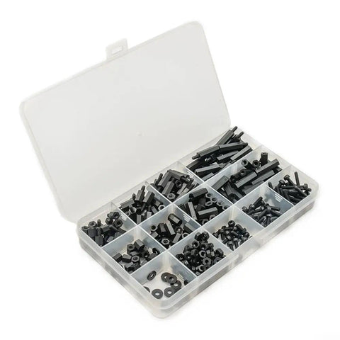 For M3 Nylon Hex Spacer Standoff Kit 320 Pieces Includes M3 Male And Female Screws Nuts Washers And Threaded Pillars For PCB Motherboard Electronics Assembly Lightweight Durable Black Nylon Build Insulated And Resistant open organizer case with black nylon spacers, screws, nuts, and washers