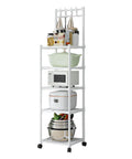 The Real Deal Five Tier Storage Rack Heavy Duty Metal Shelving Unit With Smooth Rolling Casters Rust Resistant Black Finish Built Tough For Zero Hassle Garage And Versatile Organization showcasing kitchen appliances and bowls.