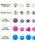 Premium Pink Snap Button Kit With Heavy Duty Aluminum Pliers And Full Die Set Including Resin Metal Snaps Plus Eyelet Grommets, showcasing metal prong ring buttons and resin buttons.