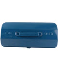 Heavy Duty Iron Toolbox With Extended Telescopic Handle Built Tough For Working Crews And Weekend Home Repair Tasks Blue Metallic Storage Container viewed from above.