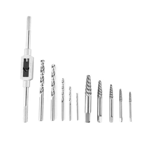 Pro Grade 11 Piece Damaged Screw Extractor Set For Removing Broken Screws And Bolts, chrome vanadium steel tools displayed