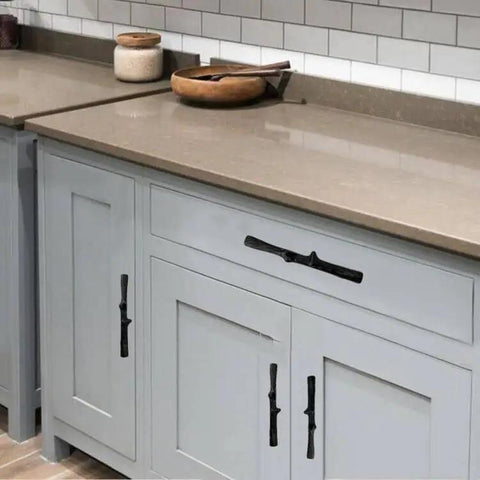 Heavy Duty Black Tree Branch Cabinet Pulls on grey kitchen cabinets, 3 inch drawer handles in rustic twig style.