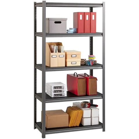 Bulletproof 3200 Lb Riveted Metal Shelving Unit 72 X 36 X 18 Inches with various storage boxes in garage setting.