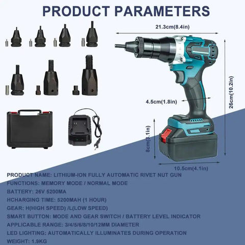 Professional Grade Heavy Duty Cordless Rivet Gun With Smart Memory Mode And Quiet Brushless Motor For Absolutely No Sweat Assembly Of Aluminum And Iron Rivet Nut Kits with accessories and case.