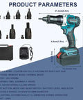 Brushless Cordless Electric Rivet Nut Gun Set With Durable Carry Case Automatic One Pull Riveter Tool For M3 To M12 with accessories and dimensions.